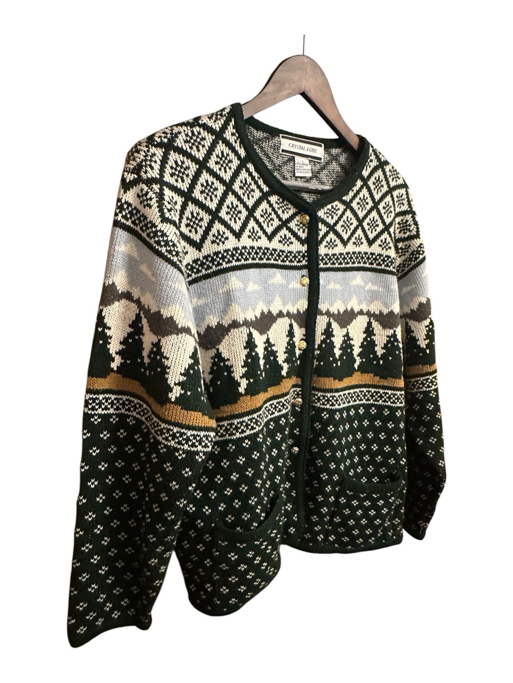 Vintage  Christmas Cardigan Sweater Crystal Kobe Large Fair Isle Holiday Pocket
